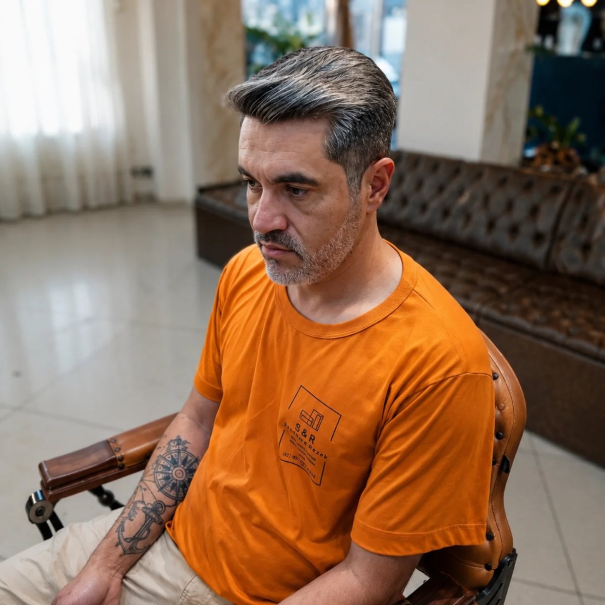Cliente grisalho na cadeira da Barbearia Invicta