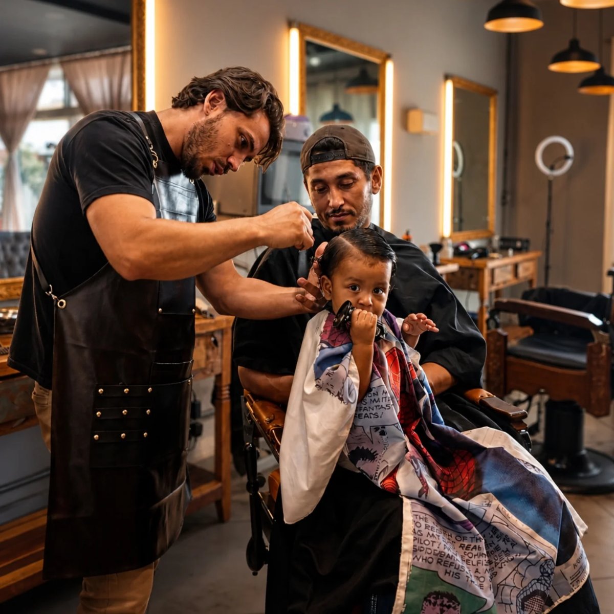 Pai e filho durante corte infantil na Invicta